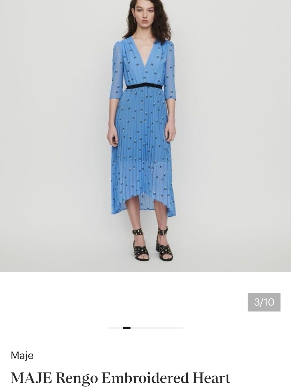 MAJE Rengo Blue Embroidered Heart Pleated Midi Dress Size 3/L